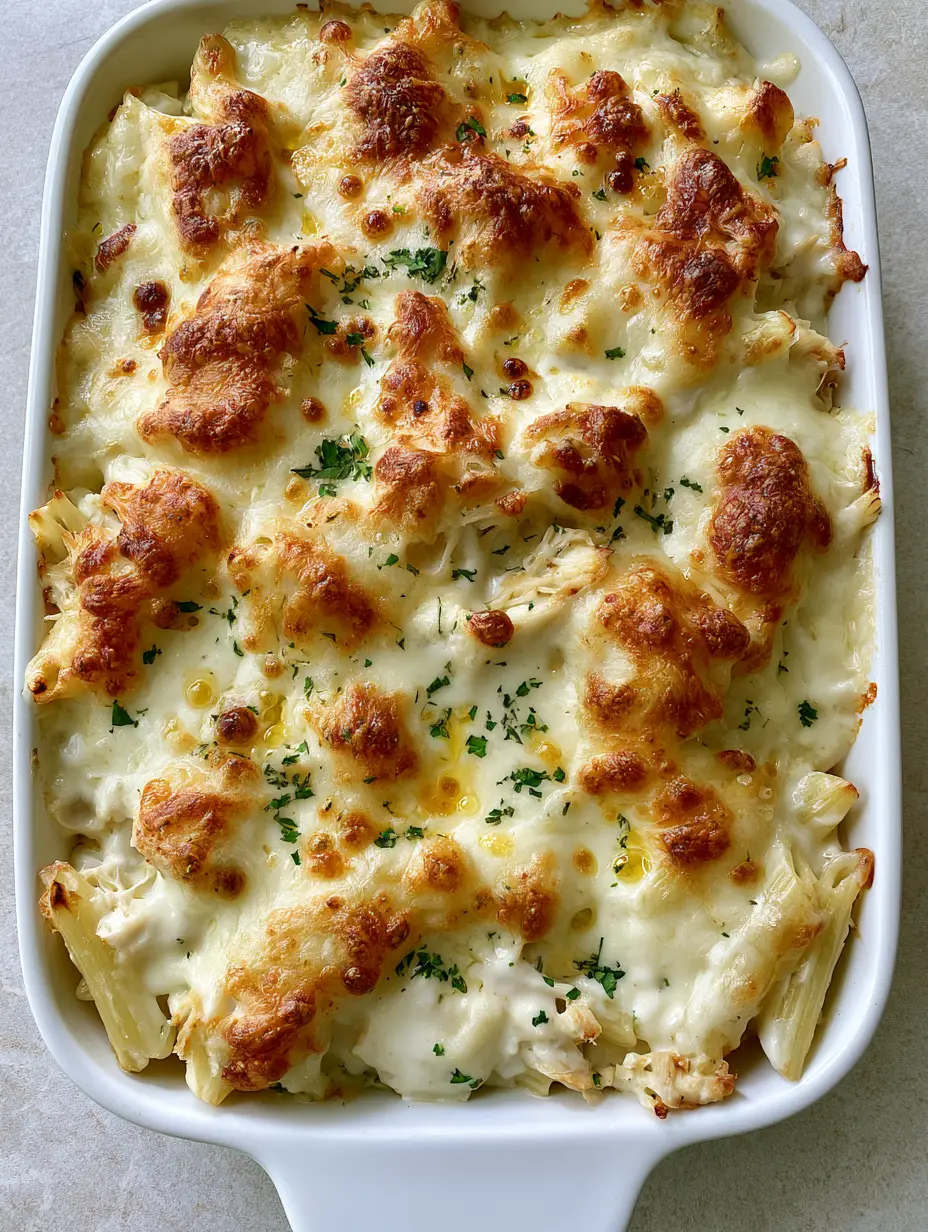 Top view of a rectangular white ceramic dish containing Chicken Pasta Casserole with thick white cream sauce and melted mozzarella cheese.