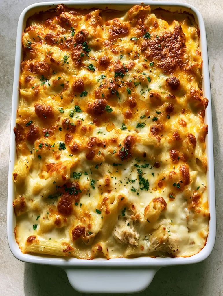 Close-up of toasted sharp cheddar and oil beads on top of a Chicken Pasta Casserole.