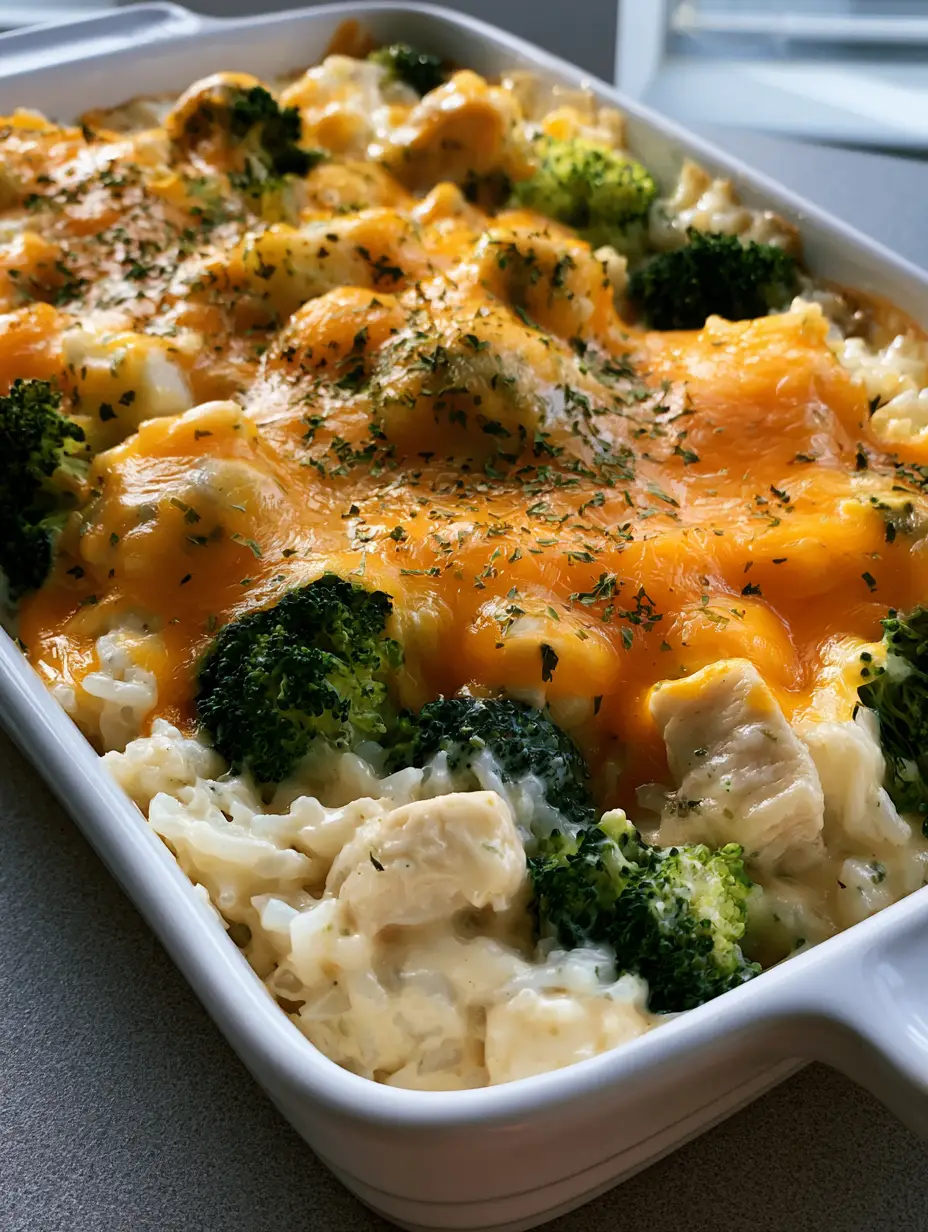Authentic kitchen shot of a Chicken Broccoli Rice Casserole in a ceramic dish under soft window lighting.