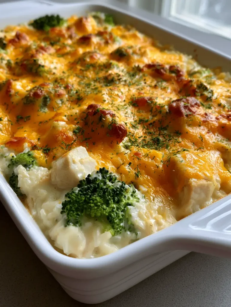 Close-up of melted orange cheddar with golden-brown patches on a creamy rice casserole.