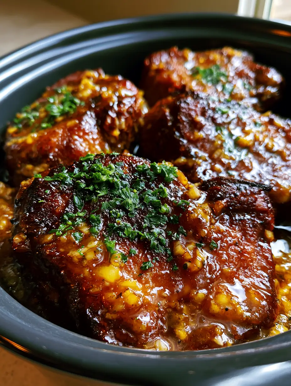 Crockpot Honey Garlic Pork Chops: Tender, Glazed, and Deeply Caramelized 3 High-angle view of deeply browned pork chops in a slow cooker pot with a translucent honey garlic glaze and minced garlic bits. (Crockpot Honey Garlic Pork Chops)