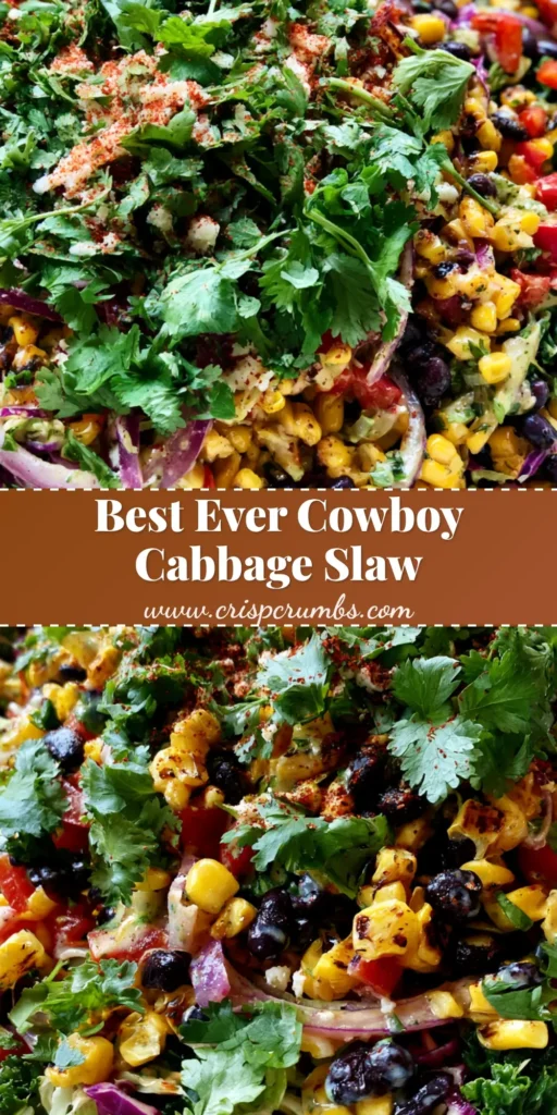 A high-angle close-up of a vibrant Cowboy Cabbage Salad in a white bowl with charred corn, black beans, and cotija cheese.