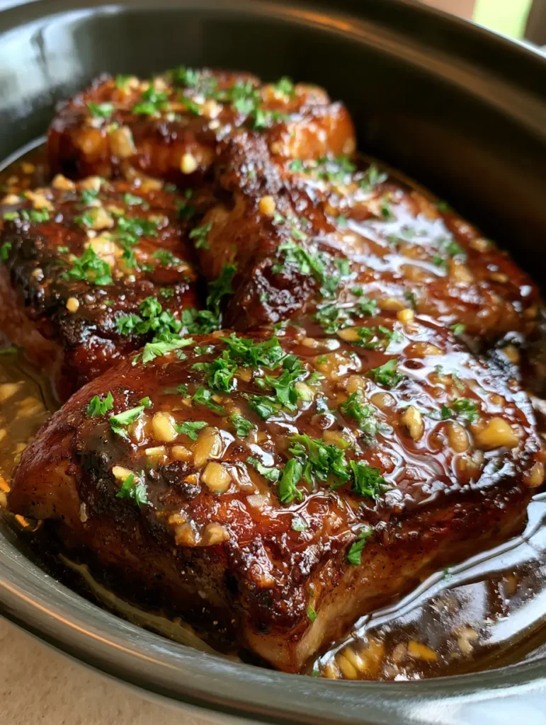 Crockpot Honey Garlic Pork Chops: Tender, Glazed, and Deeply Caramelized 1 Handheld smartphone photo of tender glazed pork chops with melted butter droplets and fresh parsley in a ceramic pot.