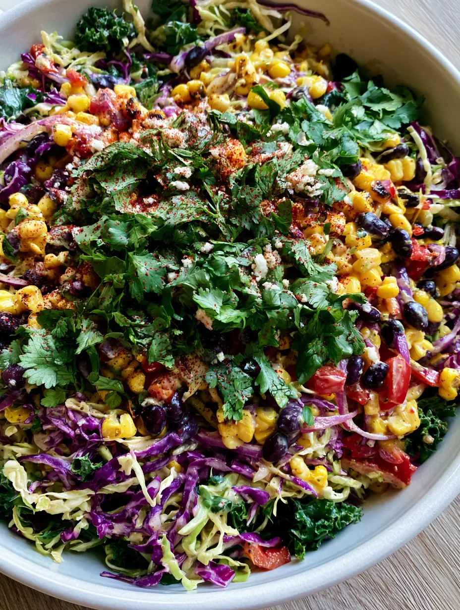 Vibrant Cowboy Cabbage Salad with shredded purple cabbage, red peppers, and charred corn in a white ceramic bowl.