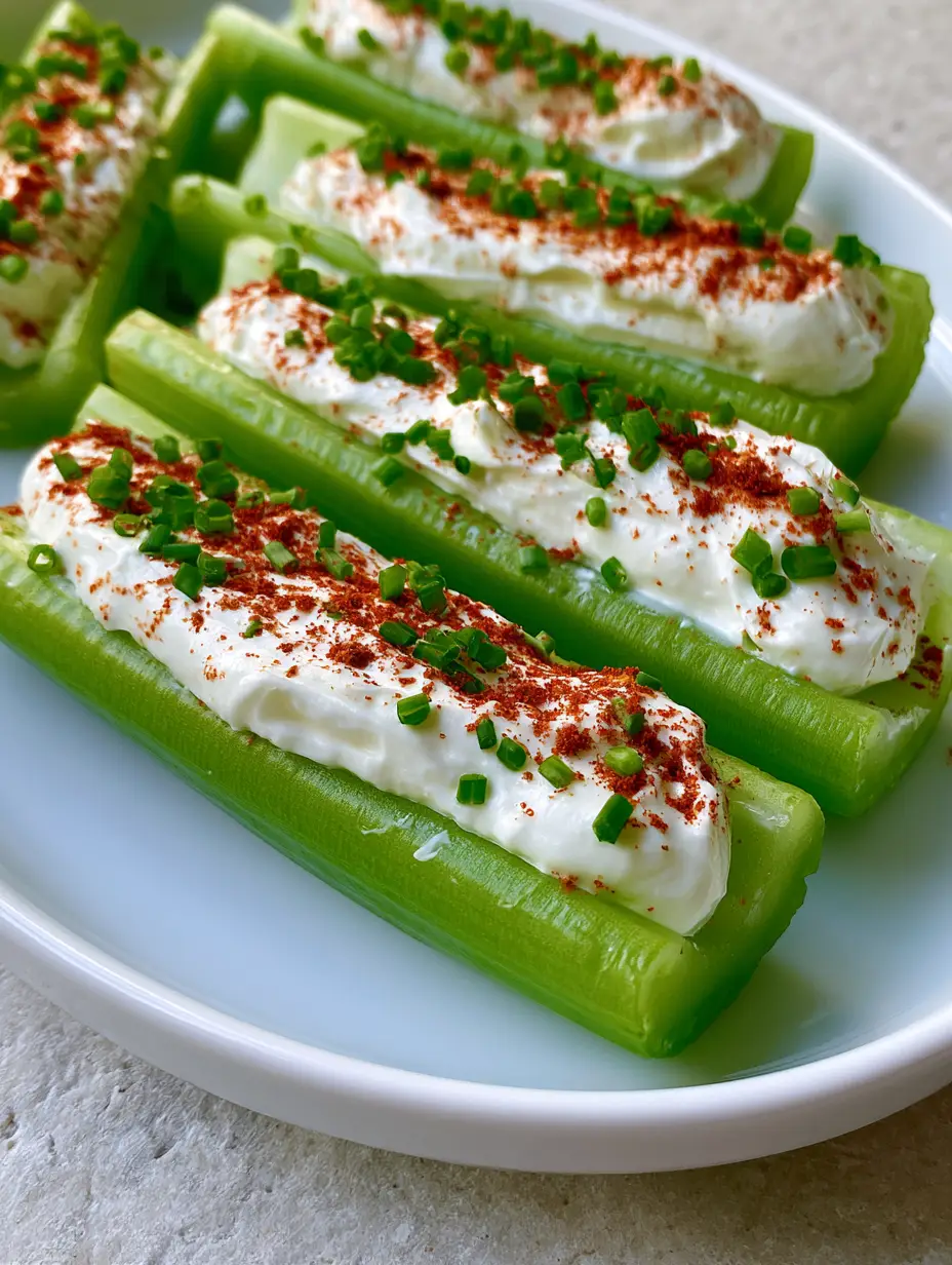 Close up of Stuffed Celery stalks showing the smooth matte white filling and vibrant green chives.