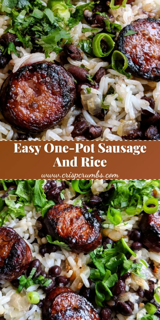 A rustic top-down view of One-Pot Black Beans and Rice with seared kielbasa in a matte black skillet.