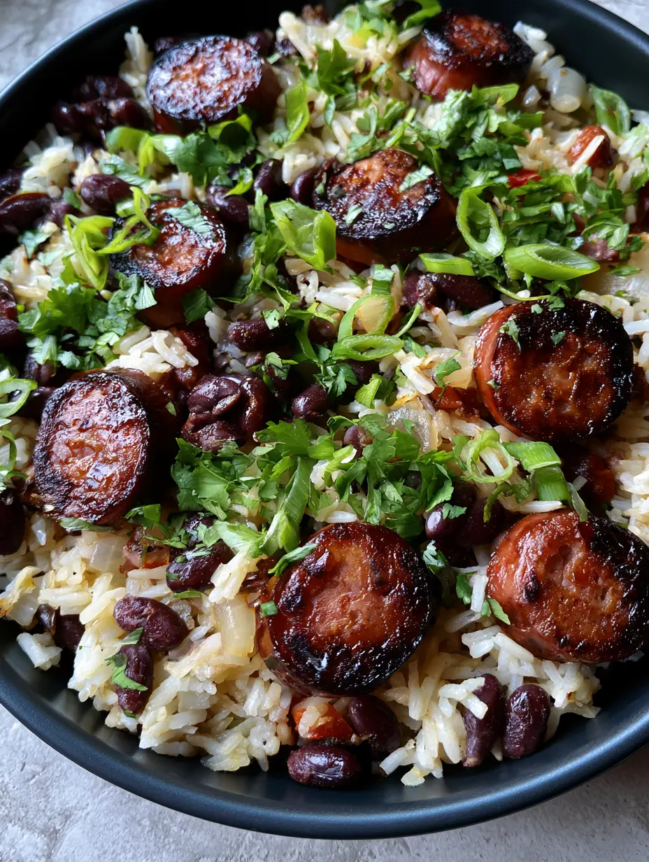 Close-up of caramelized smoked sausage slices and fluffy rice in a One-Pot Black Beans and Rice dish.