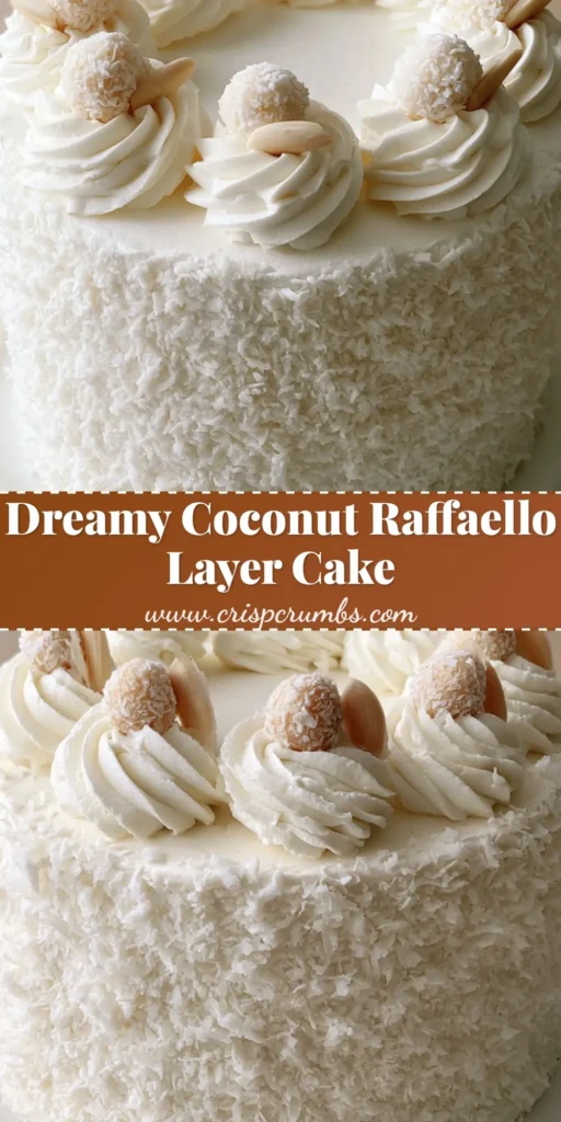 A stunning tall round Coconut Raffaello Cake encrusted in snowy coconut flakes with 8 whipped cream rosettes and truffles on a white pedestal.