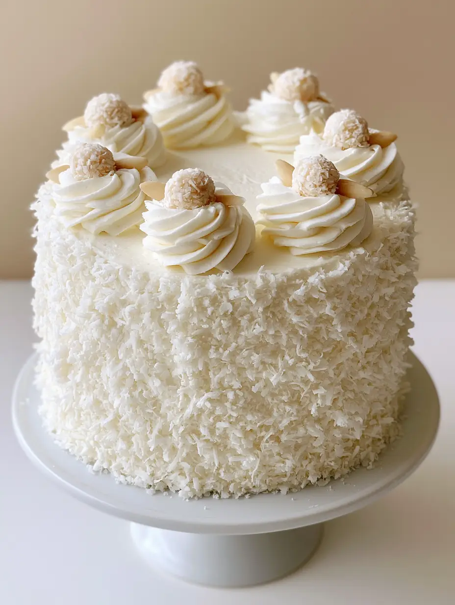 Close-up of a Coconut Raffaello Cake showing the fine desiccated coconut texture and piped cream rosettes crowned with almonds.