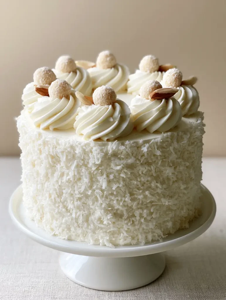 A high-angle view of the Coconut Raffaello Cake highlighting the symmetrical arrangement of 8 Raffaello truffles and blanched almonds.