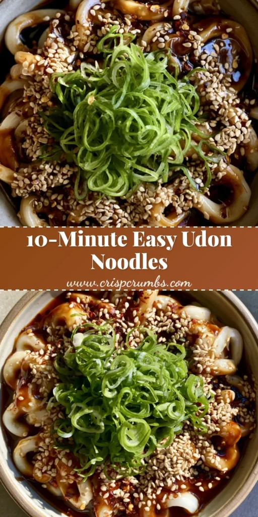 A top-down view of a ceramic bowl featuring Udon Noodle Sauce coated noodles with bright green scallions and sesame seeds on a concrete background.