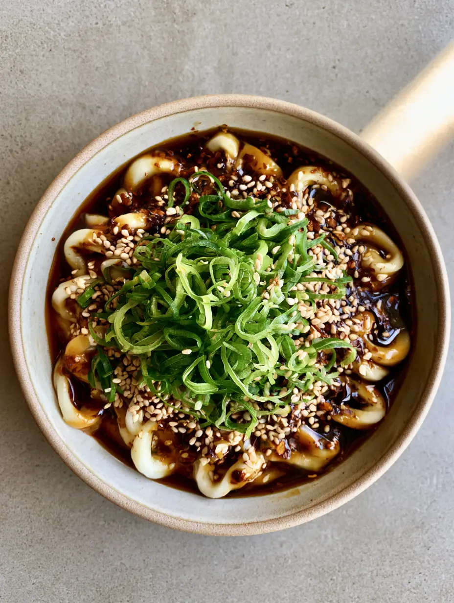 Thick udon noodles thoroughly coated in a dark, glossy Udon Noodle Sauce garnished with a dense cluster of green scallions.