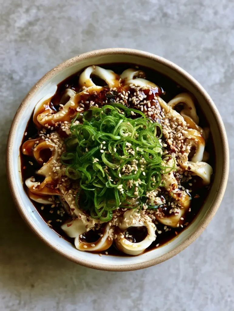 A close-up of chewy white noodles reflecting light through a savory Udon Noodle Sauce with sesame seeds and red chili flakes.