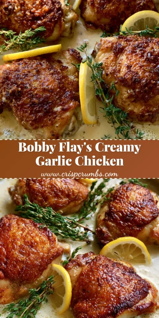 A handheld smartphone photo showing four Bobby Flay Chicken Thighs with crispy golden skin in a creamy garlic sauce with lemon and thyme.