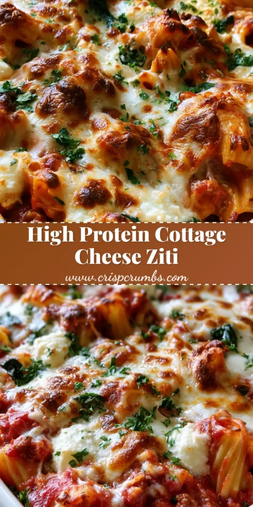 A handheld smartphone photo of High Protein Cottage Cheese Baked Ziti in a white ceramic dish, featuring bubbly golden mozzarella and fresh parsley.