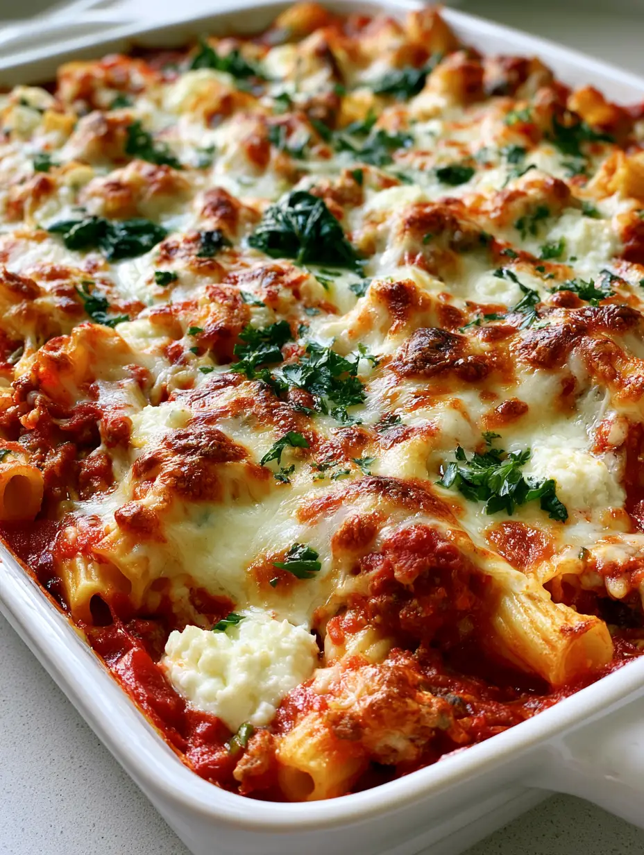 A close-up view of High Protein Cottage Cheese Baked Ziti showing vibrant red marinara sauce, wilted spinach, and melted mozzarella with charred spots.