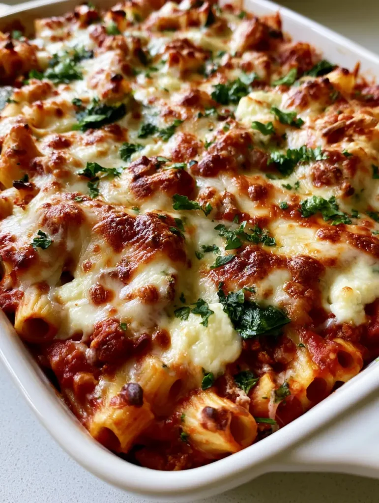 A side view of the baked ziti casserole inside a white ceramic dish, highlighting the layers of pasta, meat, and creamy cottage cheese.