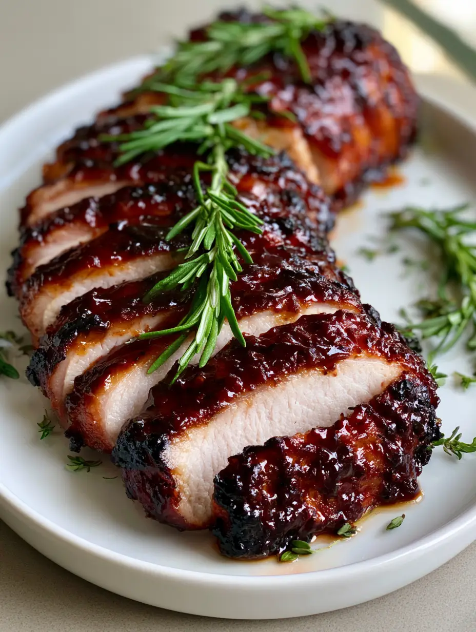 A handheld smartphone photo of a sliced Coca-Cola Pork Loin fanned out on a flat white ceramic platter, showcasing moist interior and charred edges.