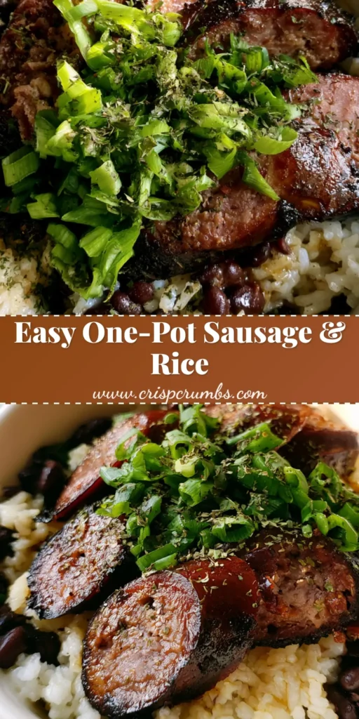 Black Beans and Rice with Sausage: The Ultimate Smoky Weeknight Comfort 4 A top-down view of a white bowl containing fluffy white rice, tender black beans, and seared smoked sausage slices garnished with green onions and herbs. (Black Beans and Rice with Sausage)