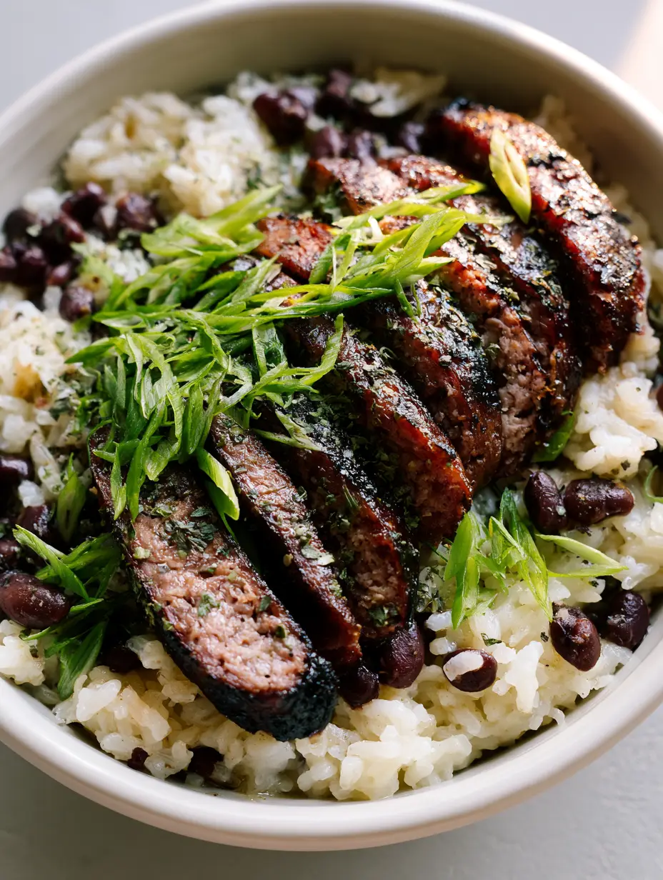 Black Beans and Rice with Sausage: The Ultimate Smoky Weeknight Comfort 3 Close-up of seared sausage slices with charred edges over fluffy rice and black beans. (Black Beans and Rice with Sausage)