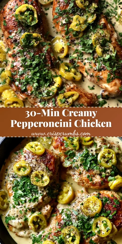 Creamy Pepperoncini Chicken: The Tangy, Golden Skillet Dinner of Your Dreams 3 A top-down photo of a cast iron skillet with golden seared chicken in a pale cream sauce topped with yellow pepperoncini and parsley. (Creamy Pepperoncini Chicken)