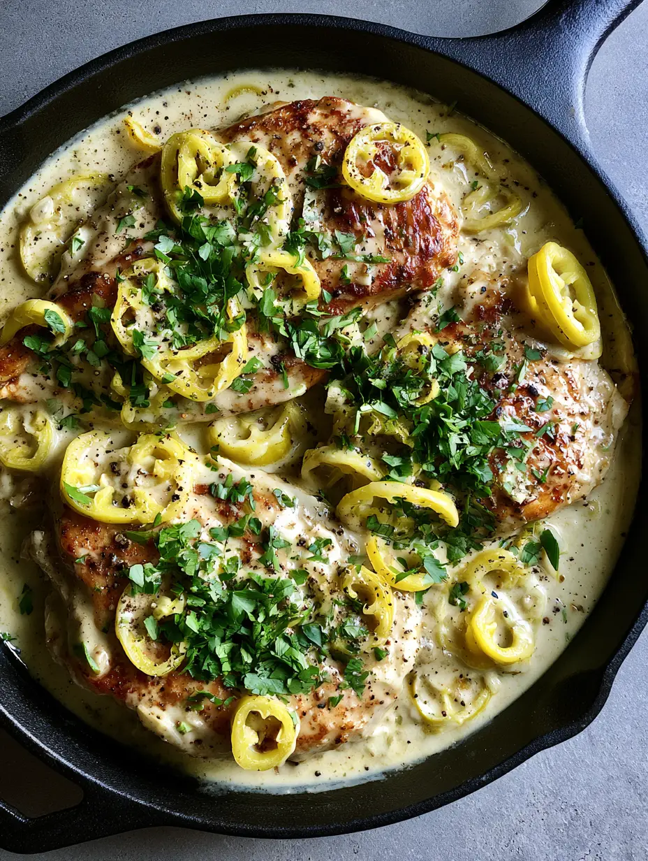 Creamy Pepperoncini Chicken: The Tangy, Golden Skillet Dinner of Your Dreams 4 Close-up of seared chicken breast with a golden crust in a thick cream sauce with pepperoncini rings. (Creamy Pepperoncini Chicken)