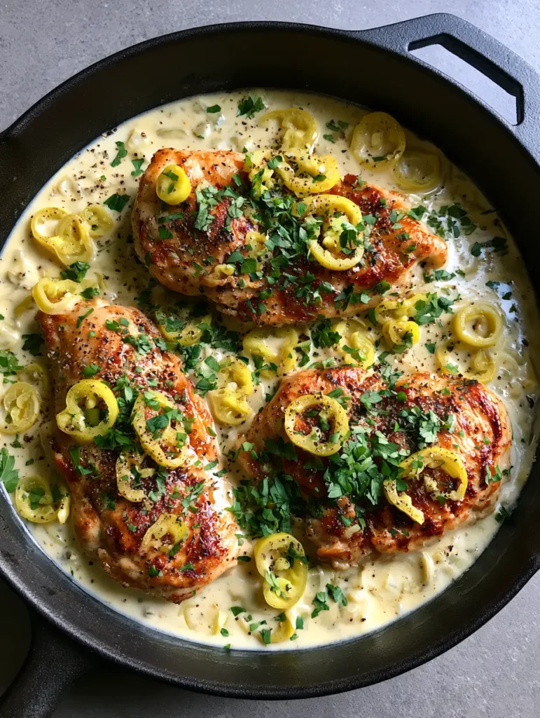 Creamy Pepperoncini Chicken: The Tangy, Golden Skillet Dinner of Your Dreams 1 Authentic top-down smartphone photography of Creamy Pepperoncini Chicken in a cast iron skillet on a grey countertop.
