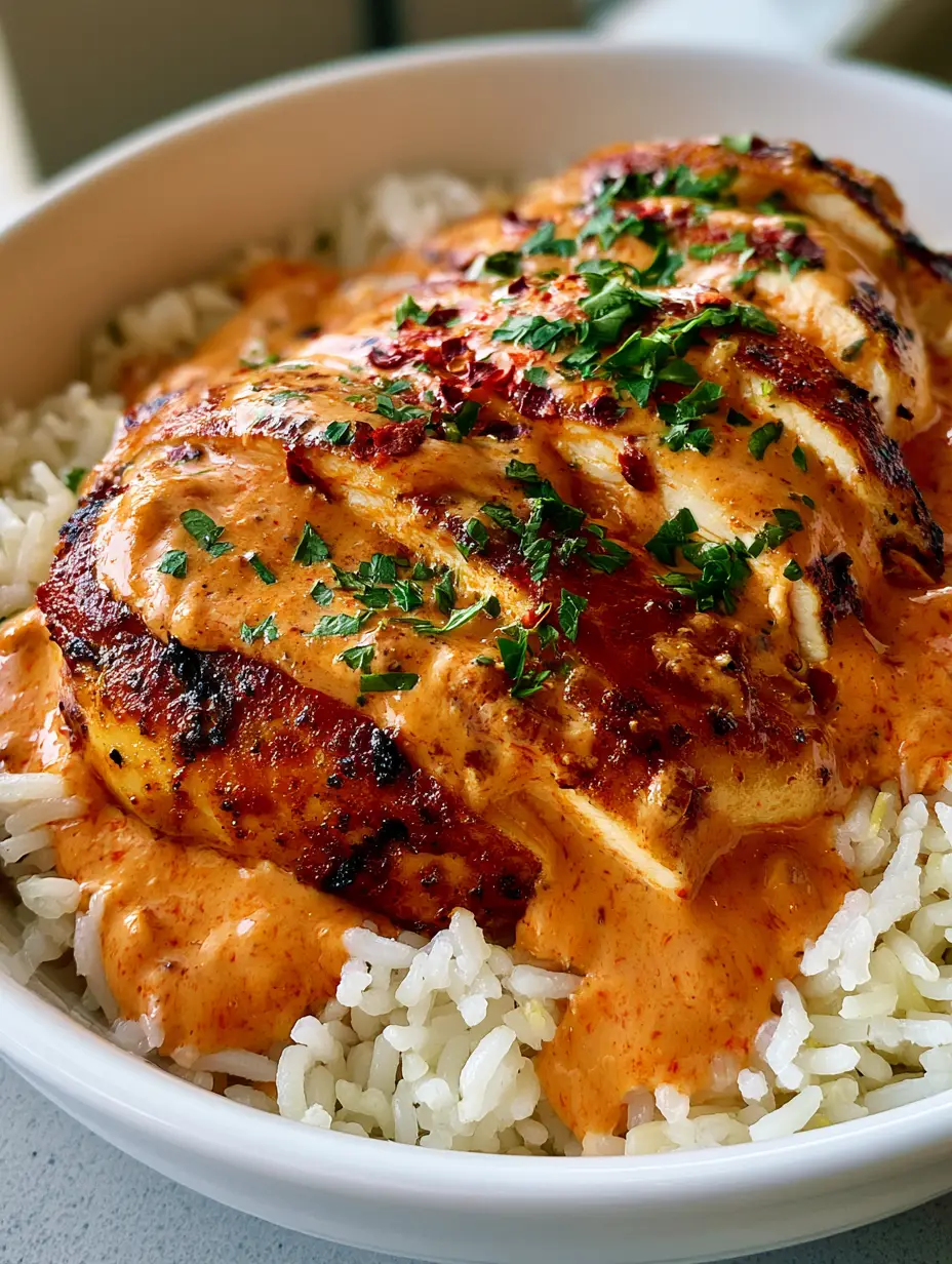 Creamy Cajun Chicken and Rice: A Bold and Velvety Weeknight Masterpiece 3 A handheld smartphone photo showing a bowl of fluffy white garlic rice topped with charred, golden-brown chicken slices and vibrant orange-red Cajun cream sauce. (Creamy Cajun Chicken and Rice)
