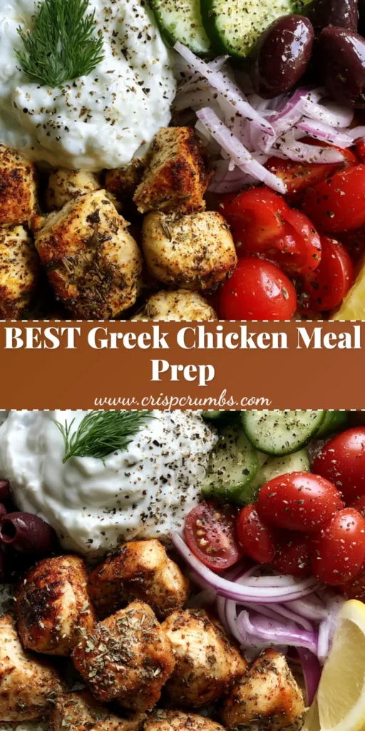 A top-down view of a Greek Chicken Meal Prep Bowl showing distinct sections of seared chicken, quinoa, and fresh vegetables.