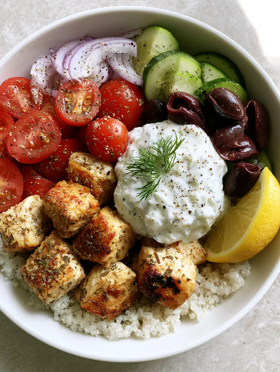 Close-up of seared chicken cubes with char marks over fluffy quinoa in Greek Chicken Meal Prep Bowls.