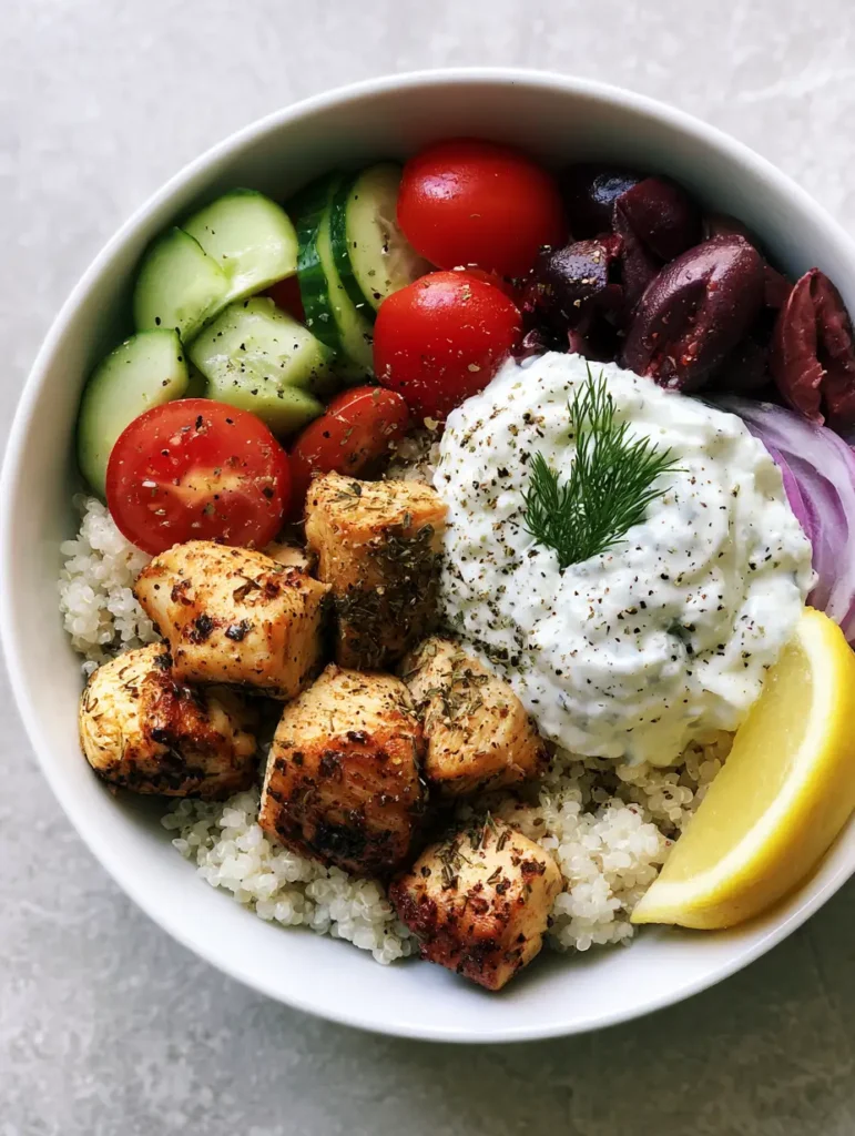 High-angle shot of a complete meal prep bowl with tzatziki, olives, and fresh dill garnish.