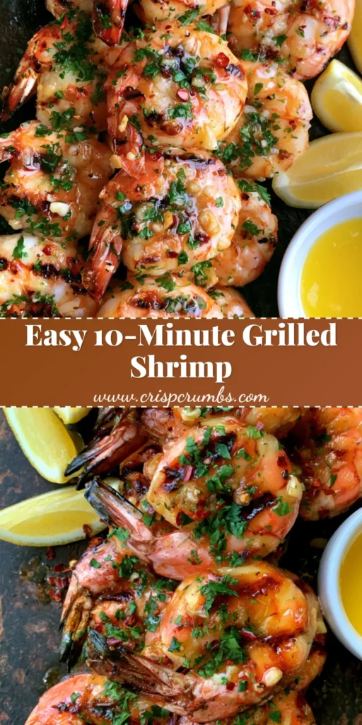 A close-up of several Grilled Shrimp Skewers with dark charred grill marks and fresh parsley garnish on a rustic slate background.