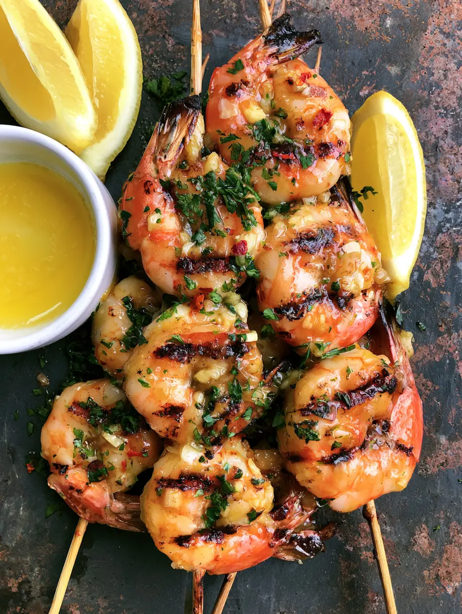 Top-down view of Grilled Shrimp Skewers stacked on slate with lemon wedges and a white ceramic bowl of butter sauce.