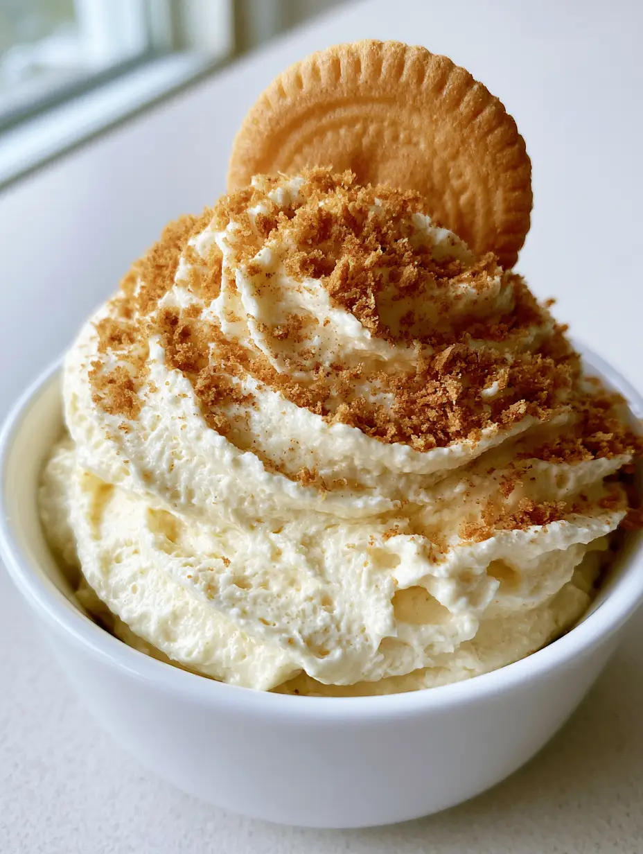 Banana Pudding Frosting: The Ultimate Fluffy Bakery-Style Recipe 4 Close up handheld photo of thick pale yellow Banana Pudding Frosting in a white bowl with a submerged vanilla wafer.