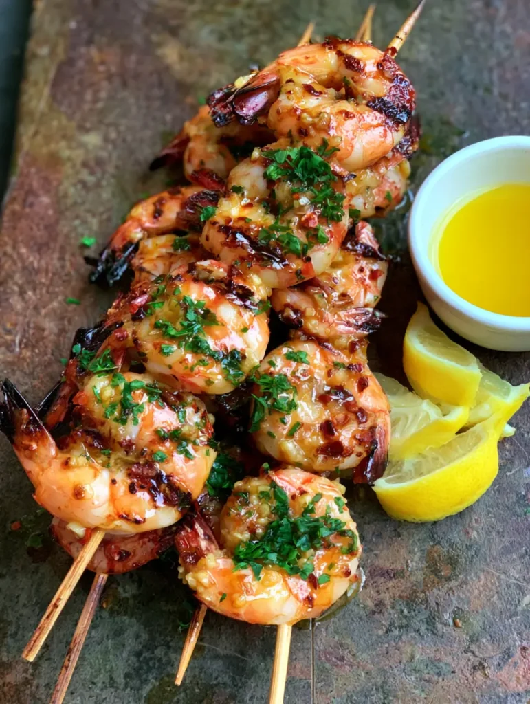 Close-up of jumbo shrimp on wooden skewers showing minced garlic marinade and red chili flakes.