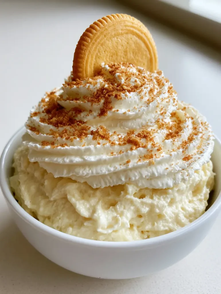 Banana Pudding Frosting: The Ultimate Fluffy Bakery-Style Recipe 1 Creamy banana pudding frosting with crushed vanilla wafer crumbs scattered on the surface.