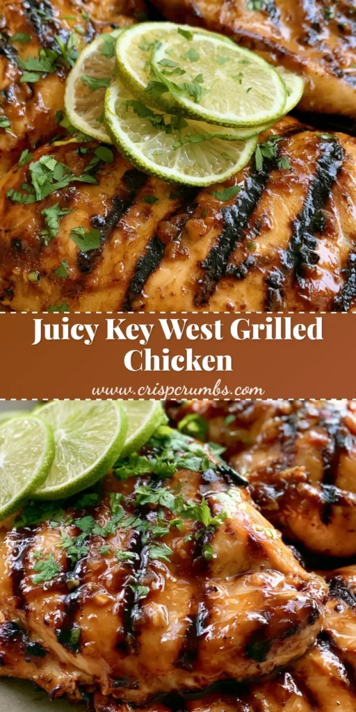 A top-down view of Key West Grilled Chicken breasts with dark parallel grill marks, glazed in a golden honey-soy sauce and topped with lime slices and cilantro. (Key West Grilled Chicken)