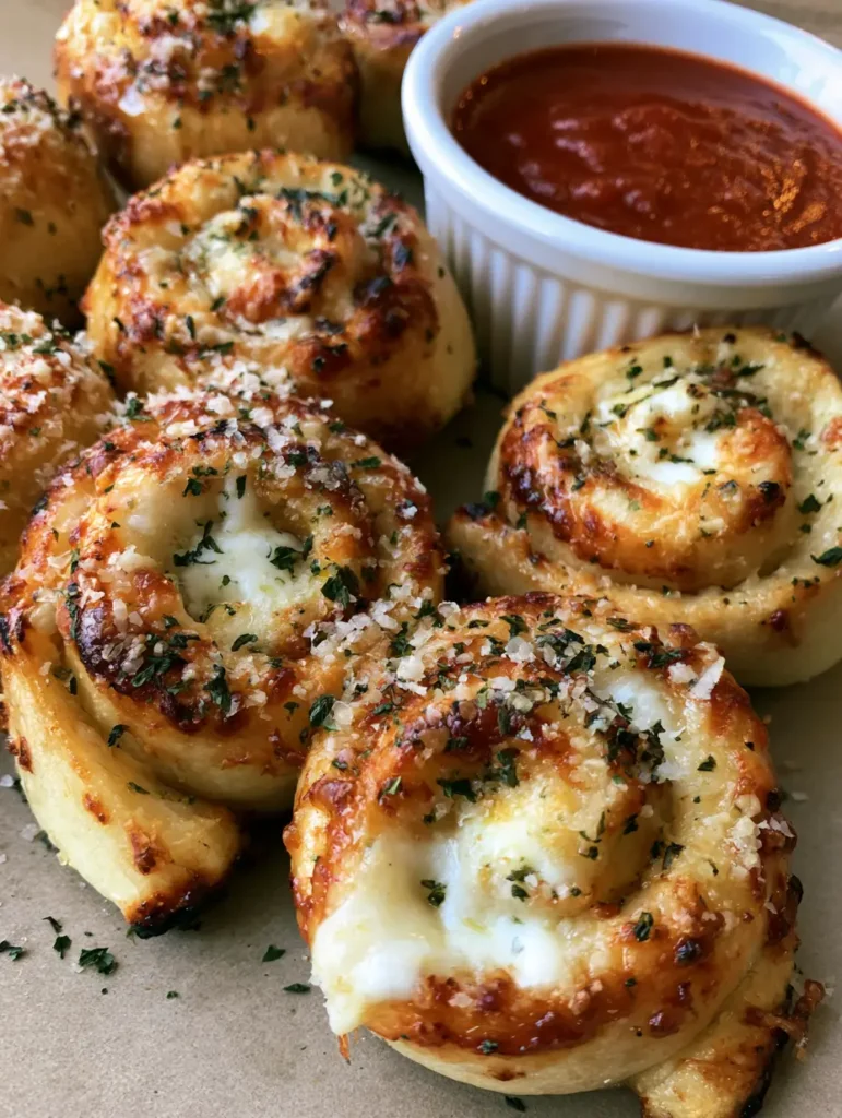 Pizza Rolls arranged on parchment paper with a side ramekin of smooth red marinara sauce.