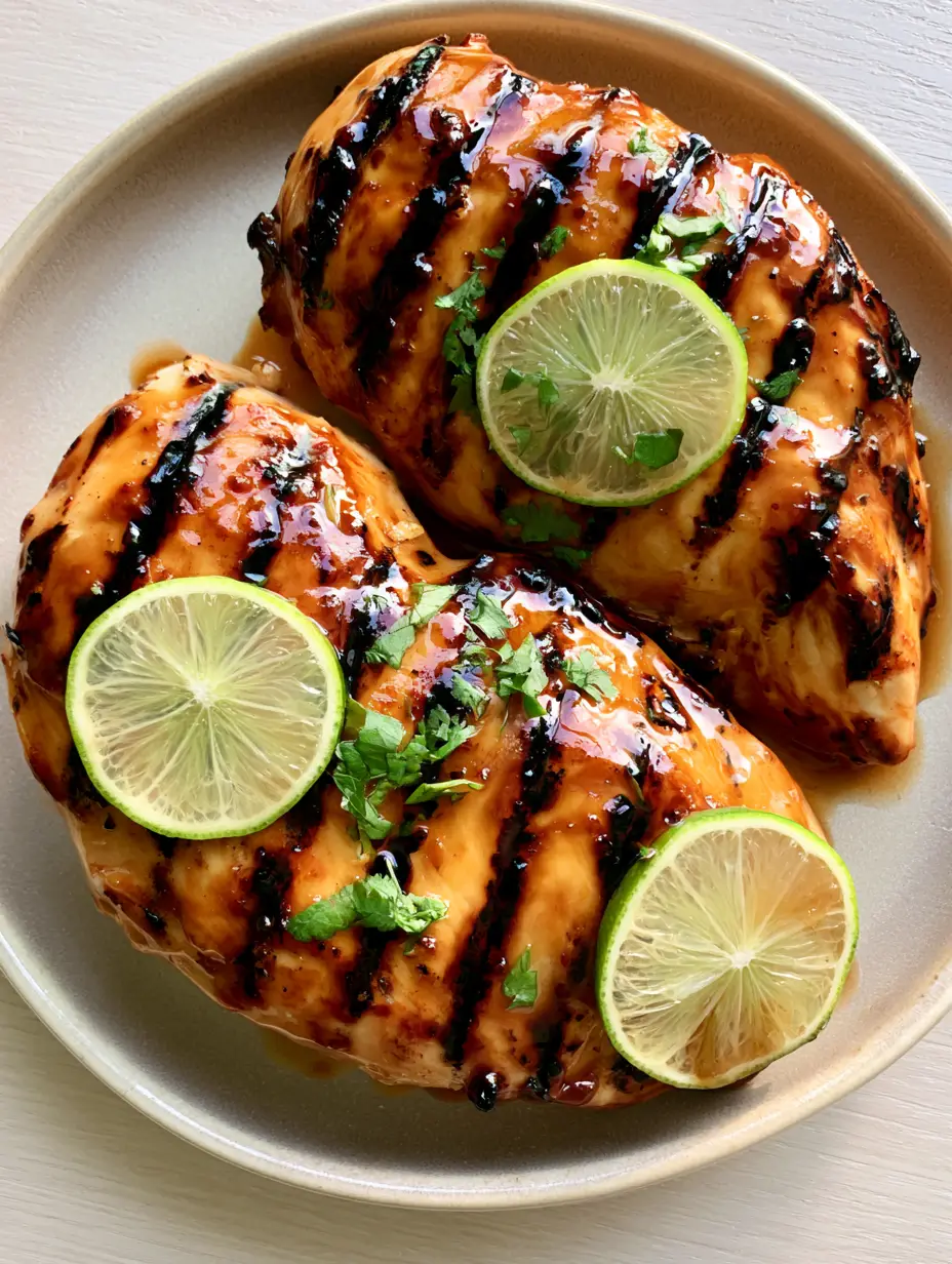 A handheld smartphone photo of glazed Key West Grilled Chicken on a white ceramic plate, featuring deep grill marks and fresh cilantro. (Key West Grilled Chicken)