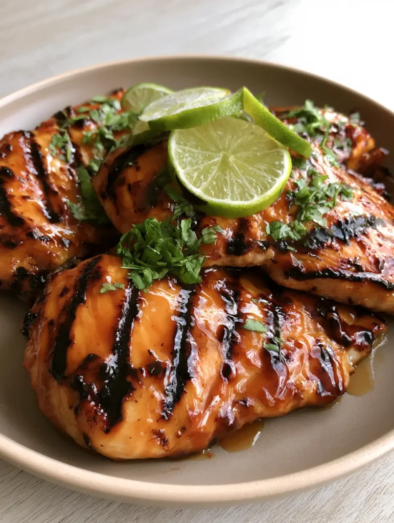 Juicy grilled chicken breasts with a translucent honey-soy glaze, garnished with fresh lime rounds on a light wooden table.