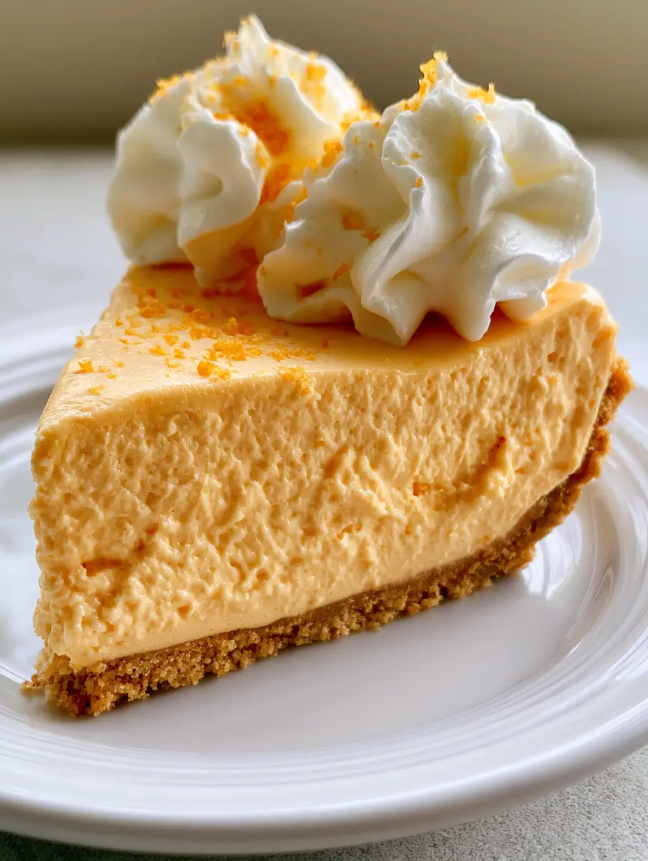 High-angle shot of a slice of Orange Creamsicle Jello Pie on a white ceramic plate with a golden-brown crust and smooth orange filling.
