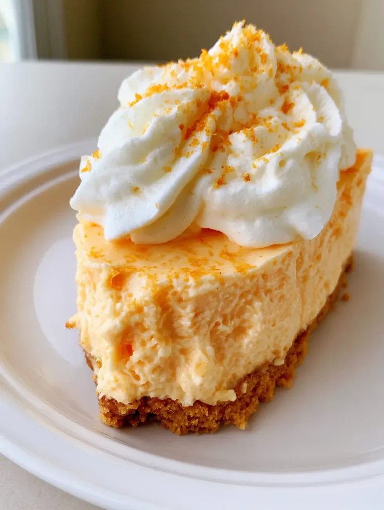 Close-up detail of the velvety surface and whipped cream dollops on an Orange Creamsicle Jello Pie.