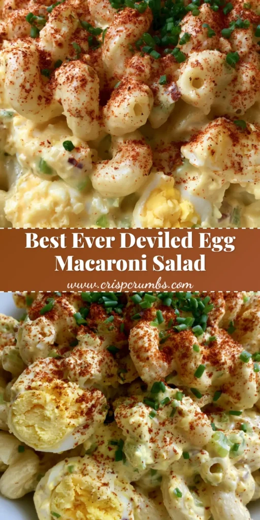 A top-down view of creamy Deviled Egg Macaroni Salad in a white bowl, heavily garnished with smoked paprika and chives. (Deviled Egg Macaroni Salad)