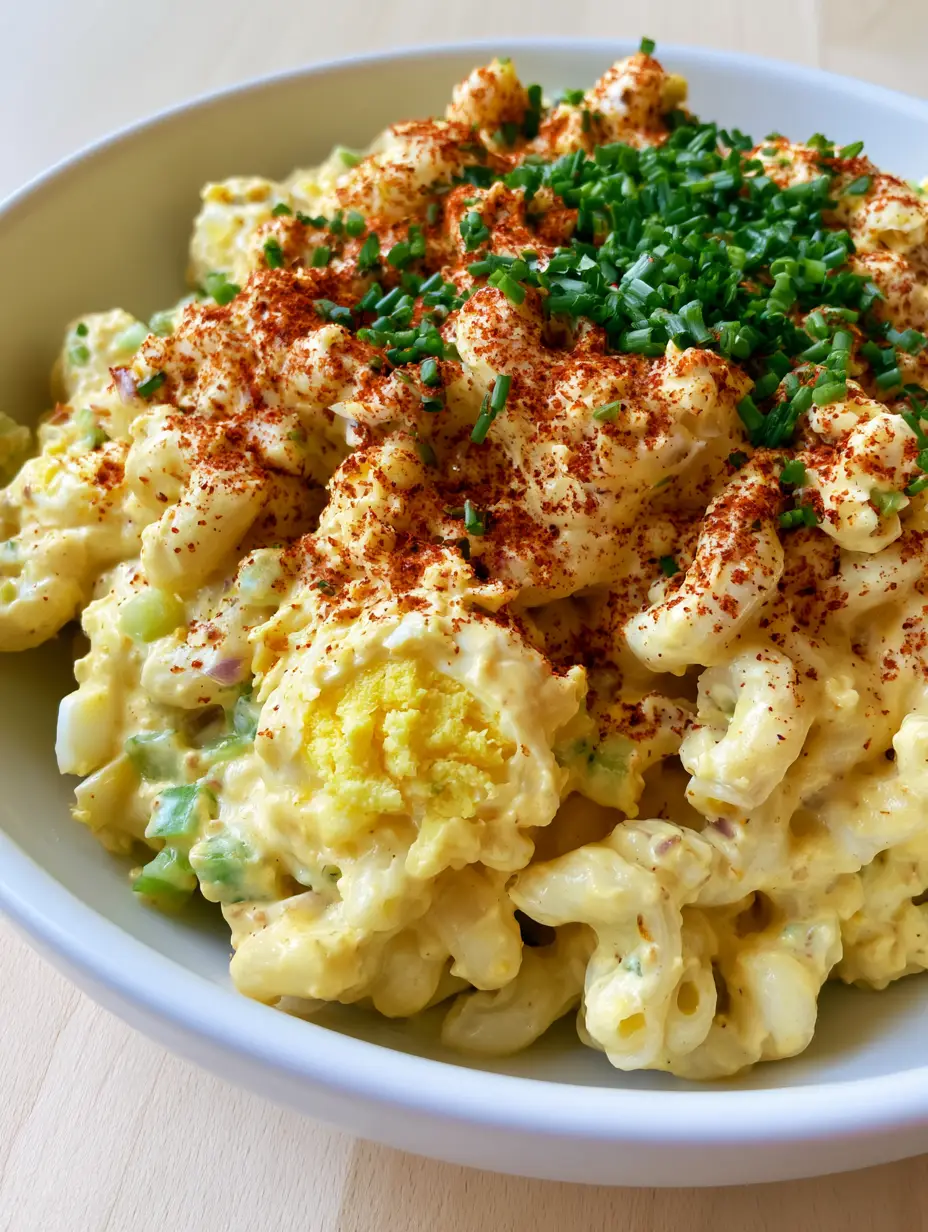 A close-up of creamy macaroni salad with large egg chunks and a pale yellow yolk dressing. (Deviled Egg Macaroni Salad)