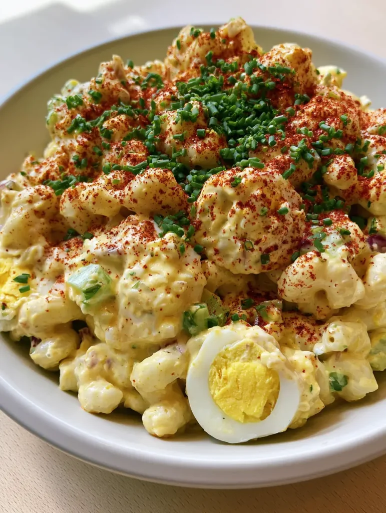 Deviled Egg Macaroni Salad served in a shallow white bowl on a light wood background.