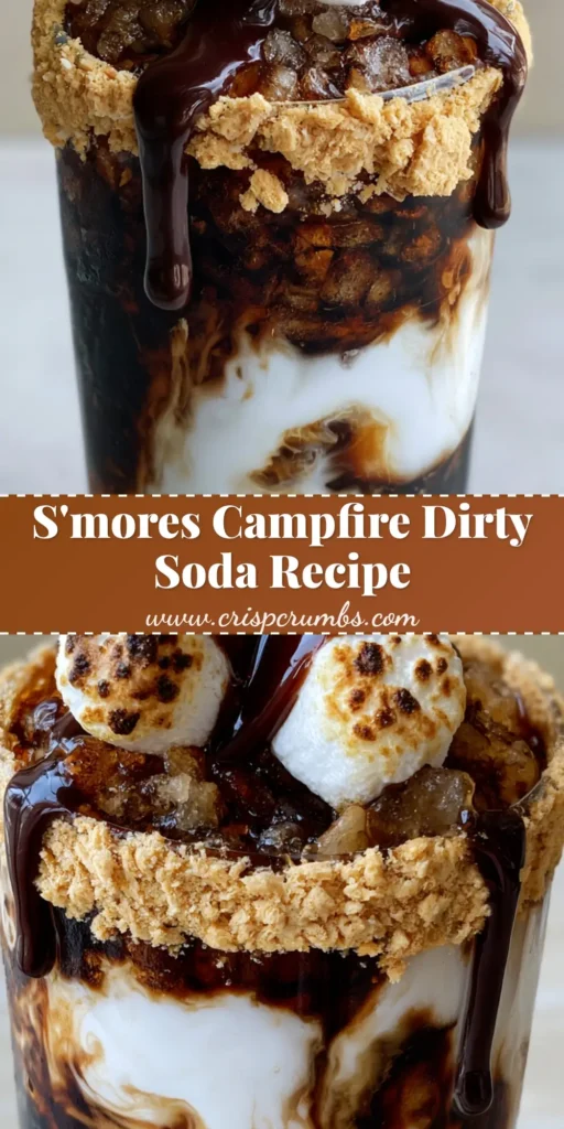 A close-up vertical shot of a Campfire Dirty Soda with charred marshmallows and a graham cracker rim.