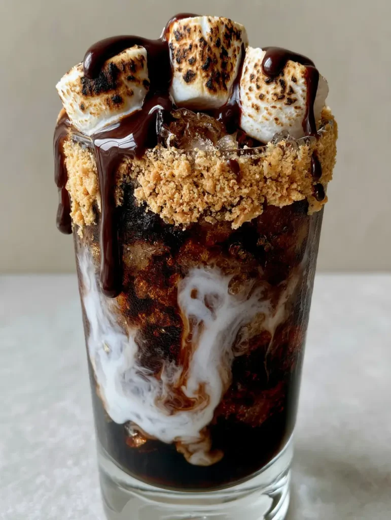 Close-up of toasted charred mini marshmallows and chocolate drizzle on a Campfire Dirty Soda.