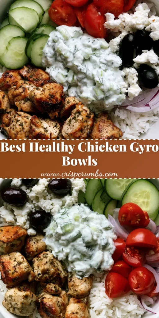 A vibrant top-down shot of a Chicken Gyro Bowl featuring seared herb chicken, fluffy rice, and fresh Mediterranean vegetables.