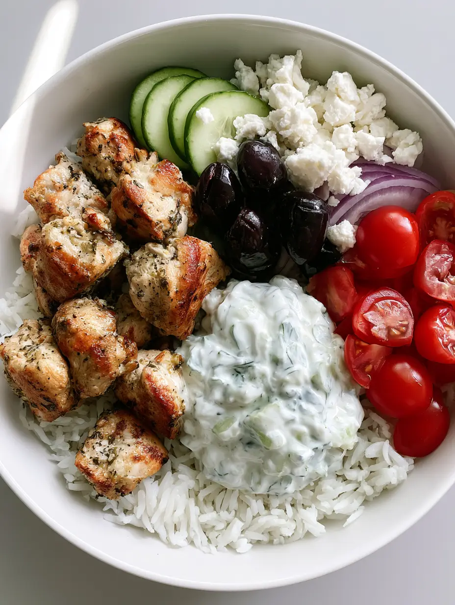 Close up view of seared chicken breast cubes with herb seasoning and char marks in Chicken Gyro Bowls.