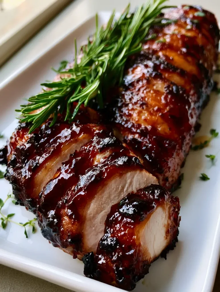 Close up of caramelized crust and thick mahogany glaze on a sliced pork loin.
